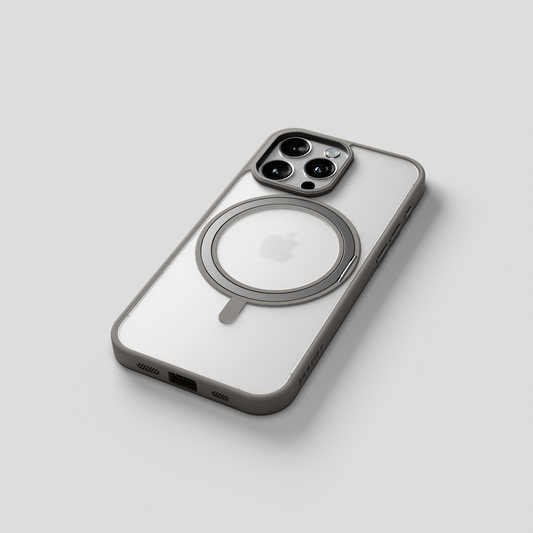 Orbit Grip – Grey 360° Tactile O-Stand Clear transparent Case for iPhone 15 pro