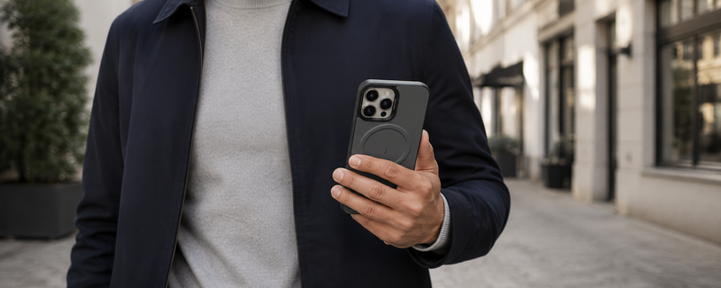 PrimoEdge – Grey Luxe Leather design Magsafe case for iPhone 16 pro mobile banner 2