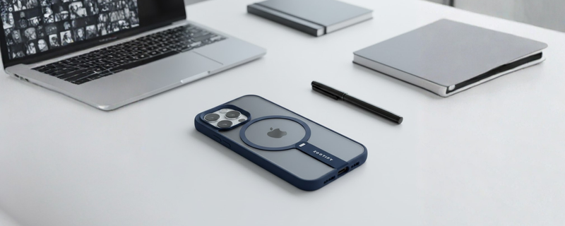 FroStand – Blue Matte MagSafe T-Stand Case for iPhone 15 pro mobile banner 1