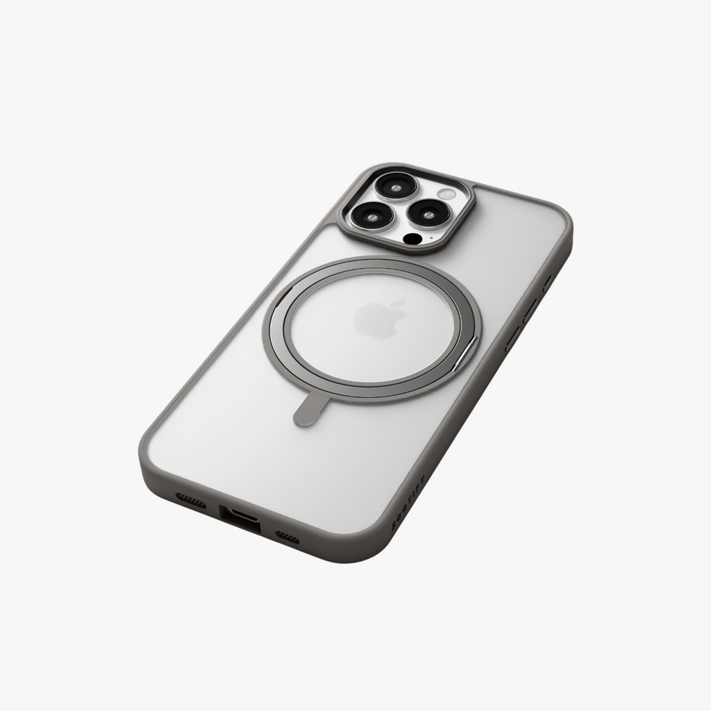 Orbit Grip –  Grey 360° Tactile O-Stand Clear transparent Case for iPhone 16 pro