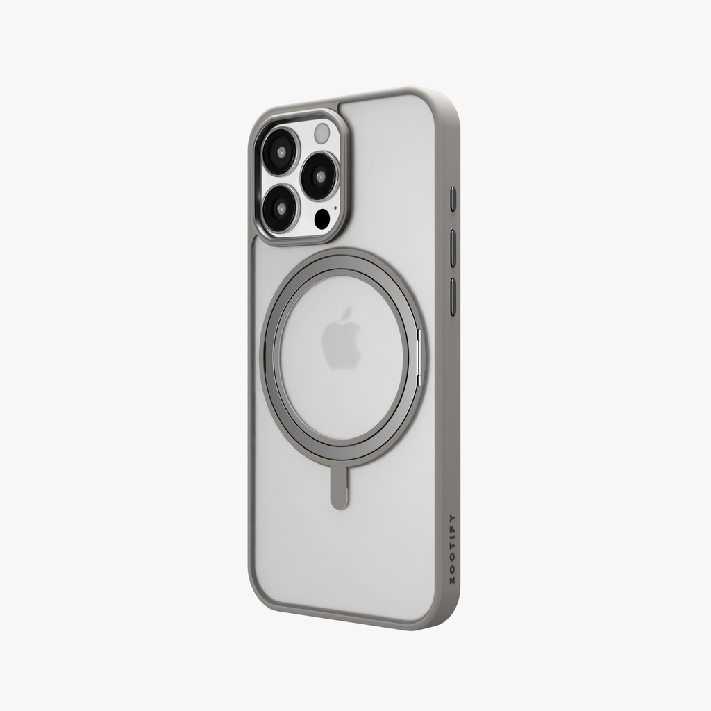 Orbit Grip –  Grey 360° Tactile O-Stand Clear transparent Case for iPhone 16 pro