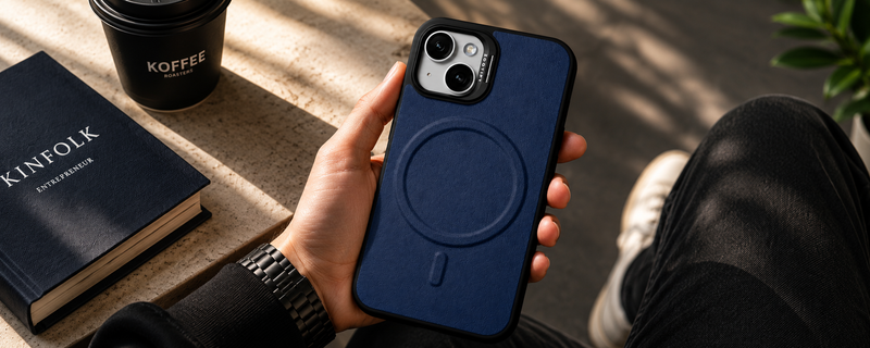PrimoEdge – Blue Luxe Leather design Magsafe case for iPhone 15 mobile banner 1