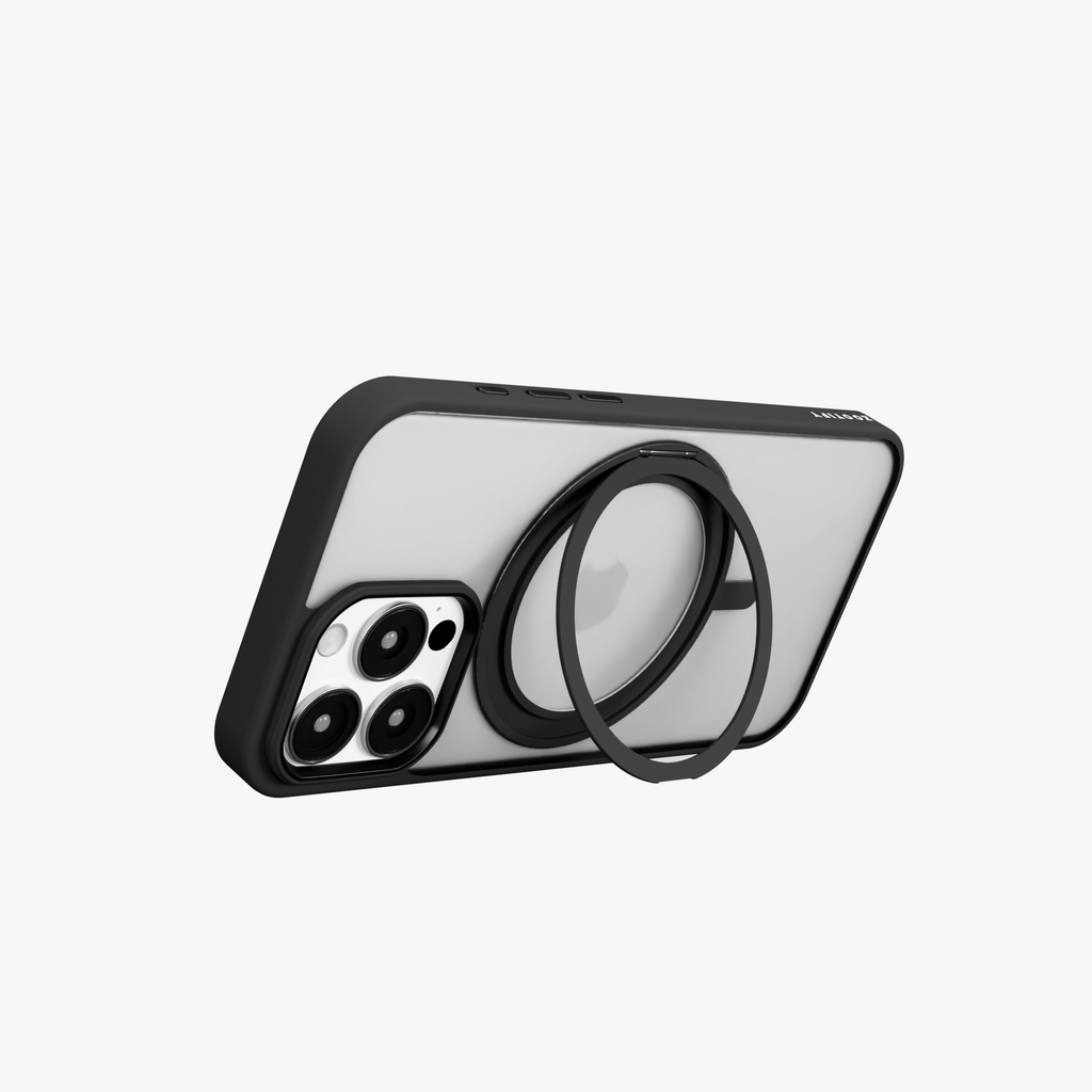 Orbit Grip –  Black 360° Tactile O-Stand Clear transparent Case for iPhone 16 pro