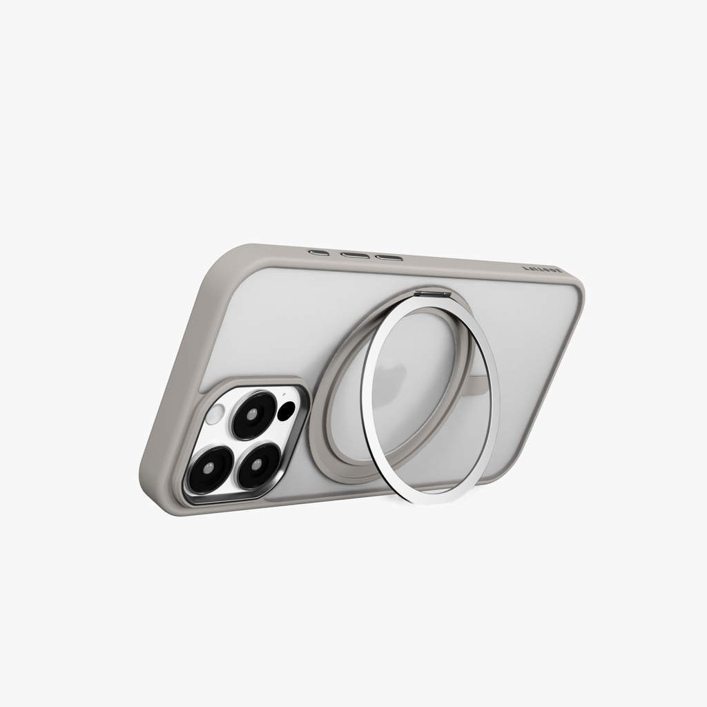 Orbit Grip –  Grey 360° Tactile O-Stand Clear transparent Case for iPhone 16 pro