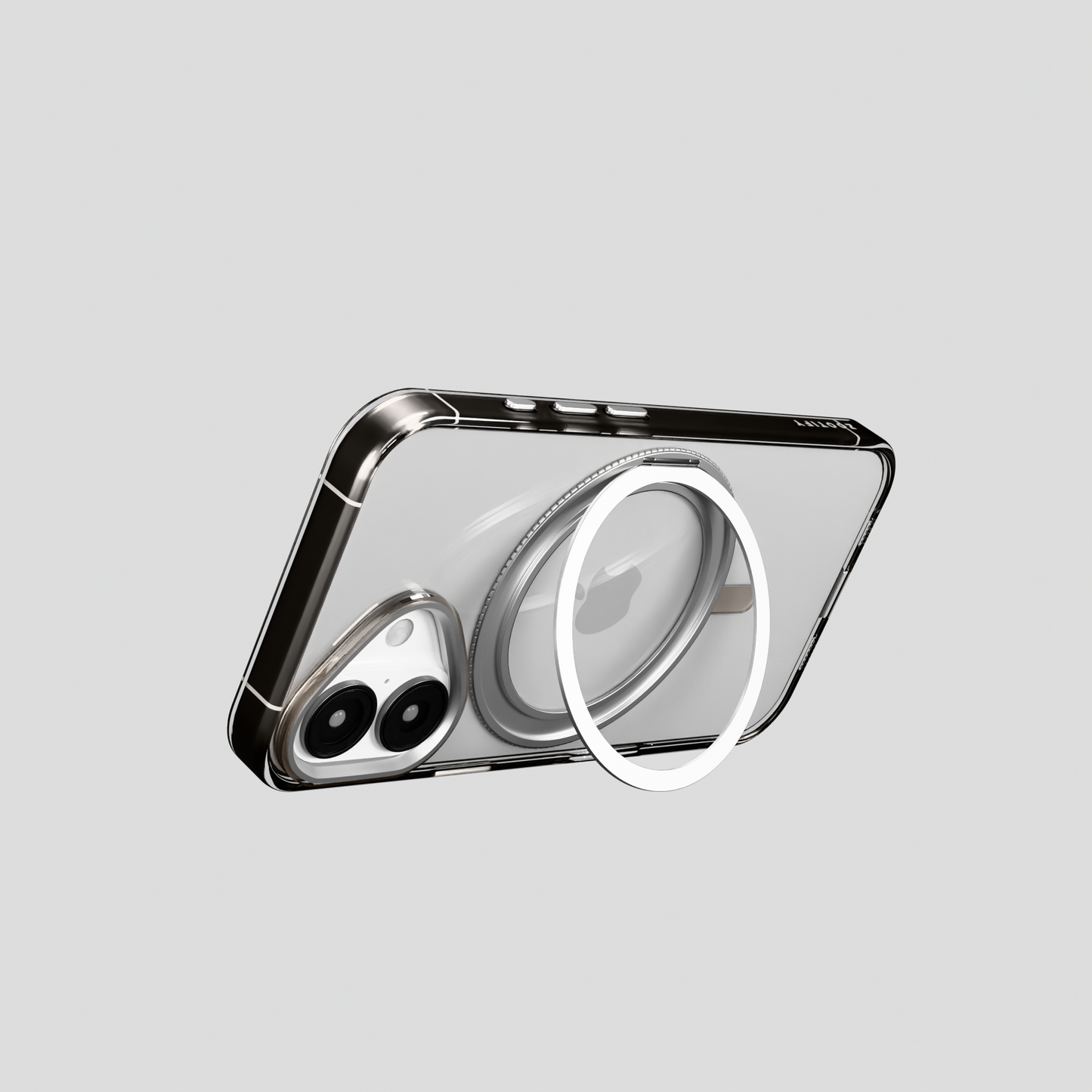 Orbit Grip –  Clear-Silver 360° Tactile O-Stand Clear Transparent Case for iPhone 16