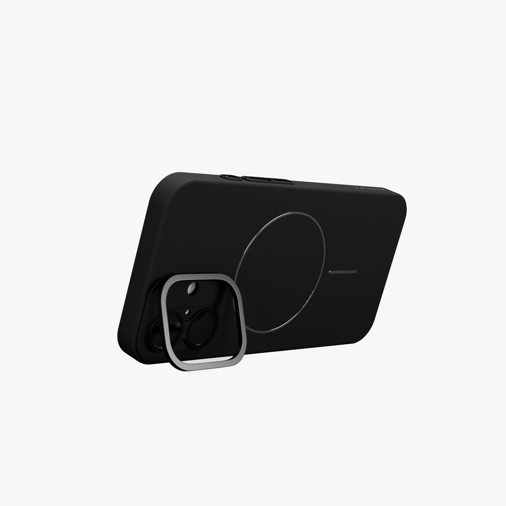 CamSafe –  Black Minimal phone case with Kickstand & LensGuard for iPhone 16