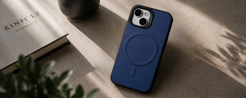 PrimoEdge – Blue Luxe Leather design Magsafe case for iPhone 15 mobile banner 2