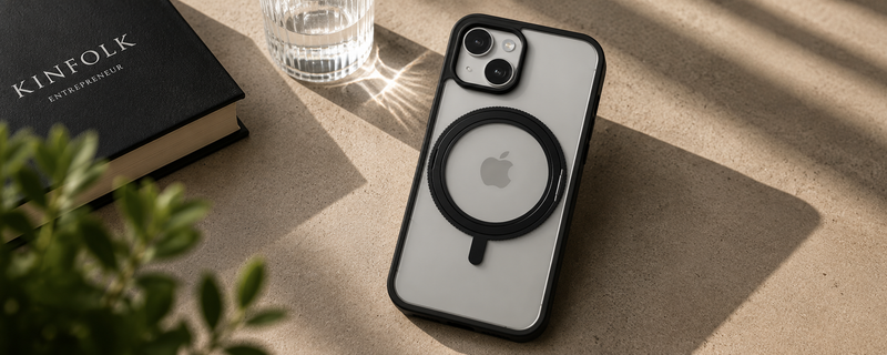 Orbit Grip – Black 360° Tactile O-Stand Clear transparent Case for iPhone 15 mobile banner 1