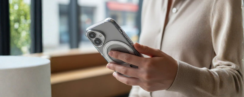Orbit Grip –  Clear-Silver 360° Tactile O-Stand Clear Transparent Case for iPhone 16 mobile banner 2