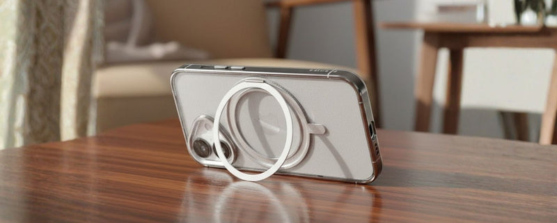 Orbit Grip –  Clear-Silver 360° Tactile O-Stand Clear Transparent Case for iPhone 16 mobile banner 3