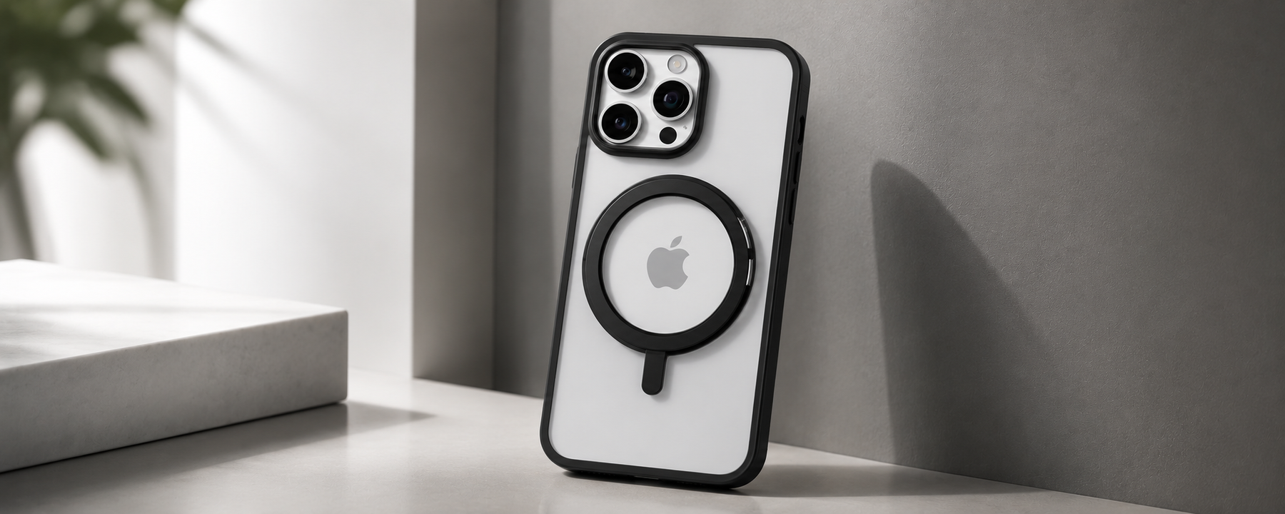 Orbit Grip –  Black 360° Tactile O-Stand Clear transparent Case for iPhone 15 pro banner 1
