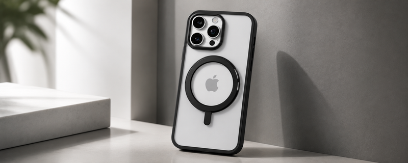Orbit Grip –  Black 360° Tactile O-Stand Clear transparent Case for iPhone 15 pro mobile banner 1