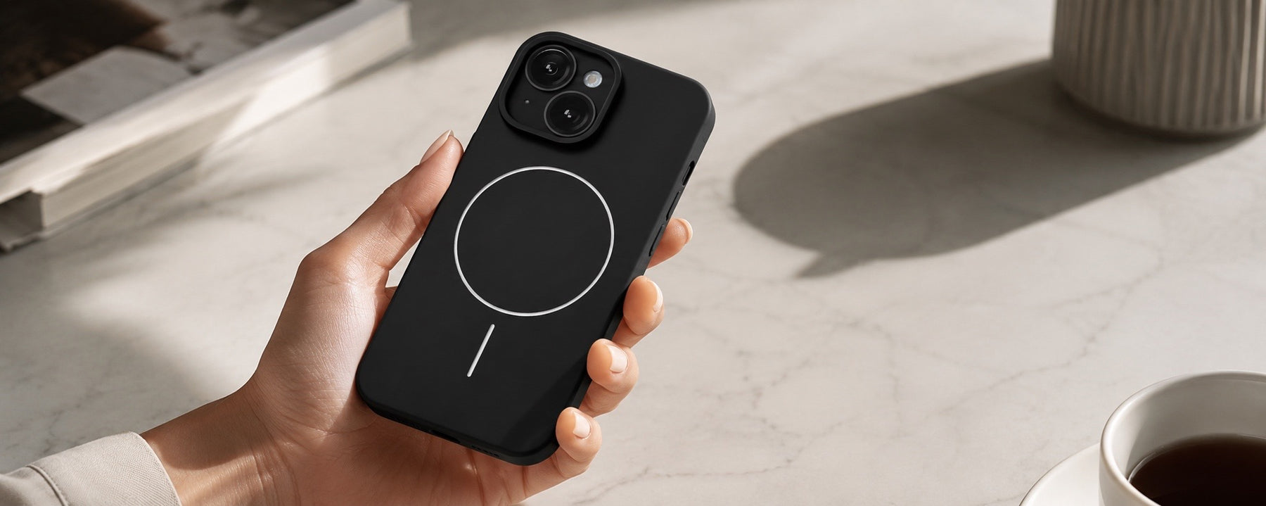 CamSafe – Black Minimal phone case with Kickstand & Lensguard for iPhone 15 banner 2