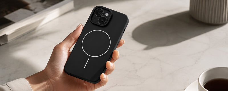 CamSafe – Black Minimal phone case with Kickstand & Lensguard for iPhone 15 mobile banner 1