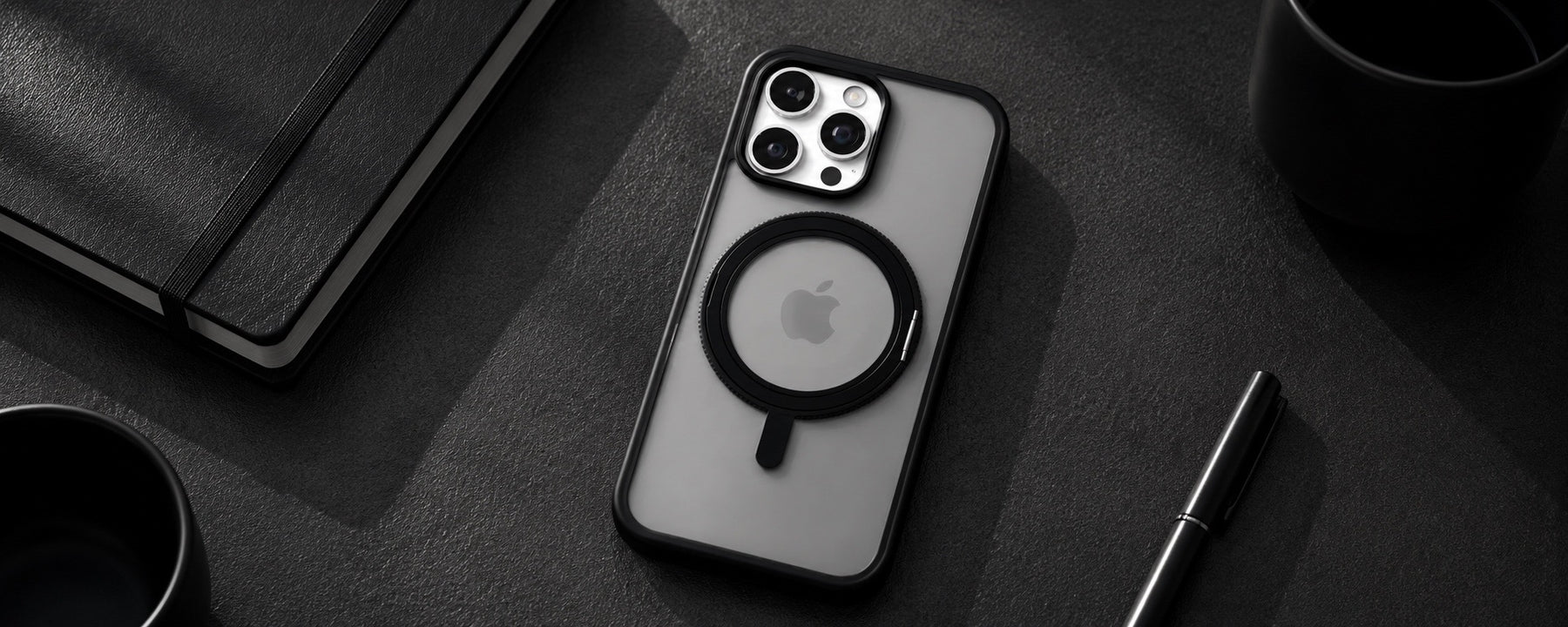 Orbit Grip –  Black 360° Tactile O-Stand Clear transparent Case for iPhone 15 pro banner 2