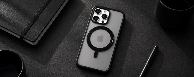 Orbit Grip –  Black 360° Tactile O-Stand Clear transparent Case for iPhone 15 pro mobile banner 2