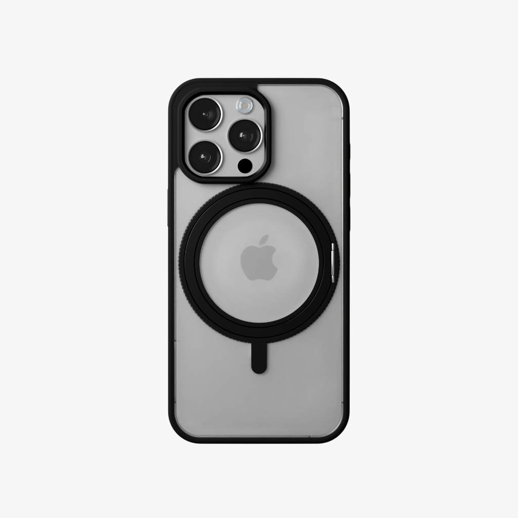 Orbit Grip –  Black 360° Tactile O-Stand Clear transparent Case for iPhone 15 pro