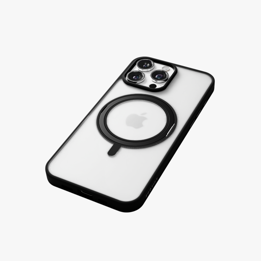 Orbit Grip – Black 360° Tactile O-Stand Clear transparent Case for iPhone 16 pro max