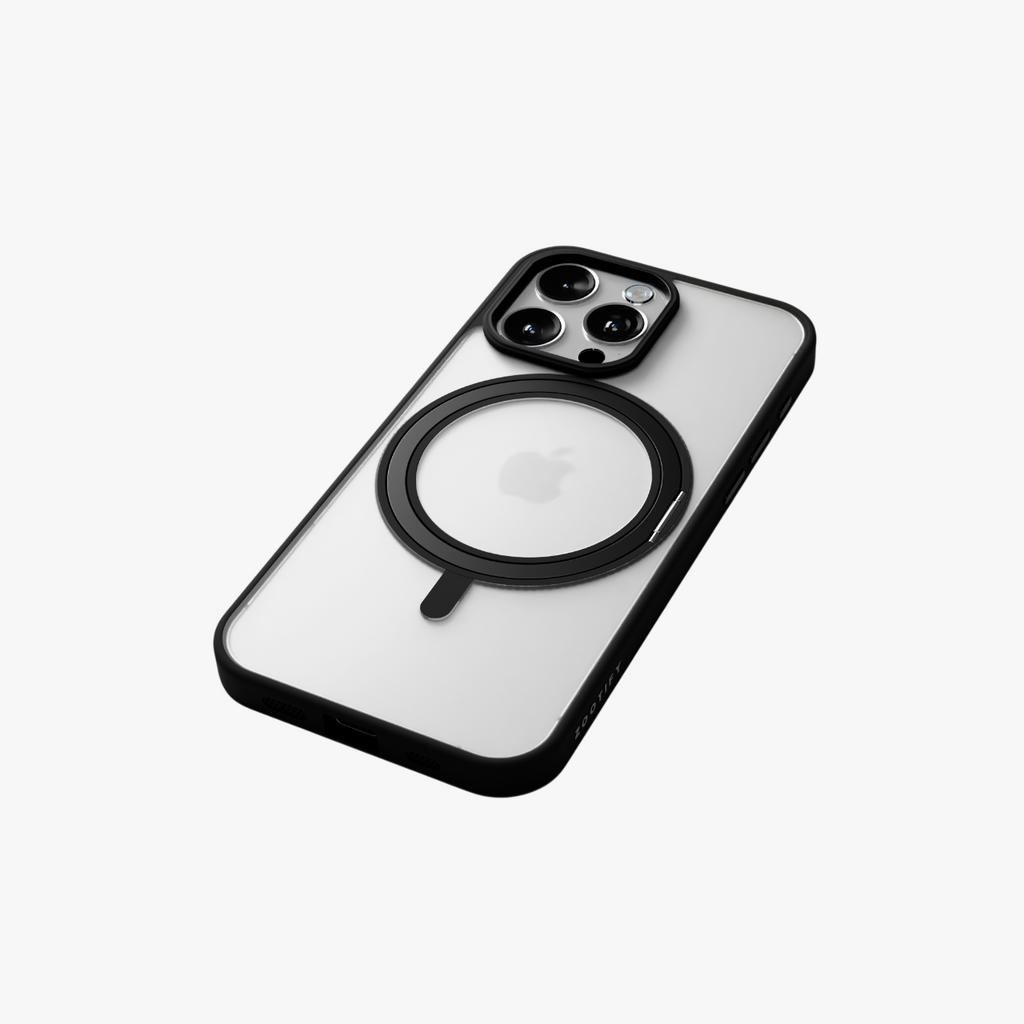 Orbit Grip –  Black 360° Tactile O-Stand Clear transparent Case for iPhone 15 pro