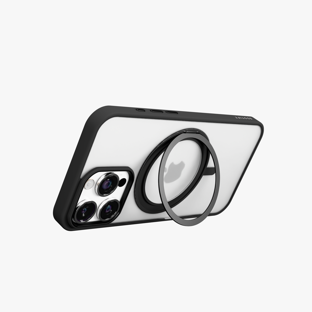 Orbit Grip – Black 360° Tactile O-Stand Clear transparent Case for iPhone 16 pro max