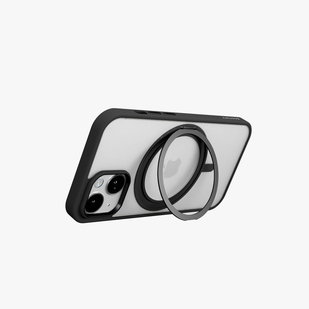 Orbit Grip – Black 360° Tactile O-Stand Clear transparent Case for iPhone 15