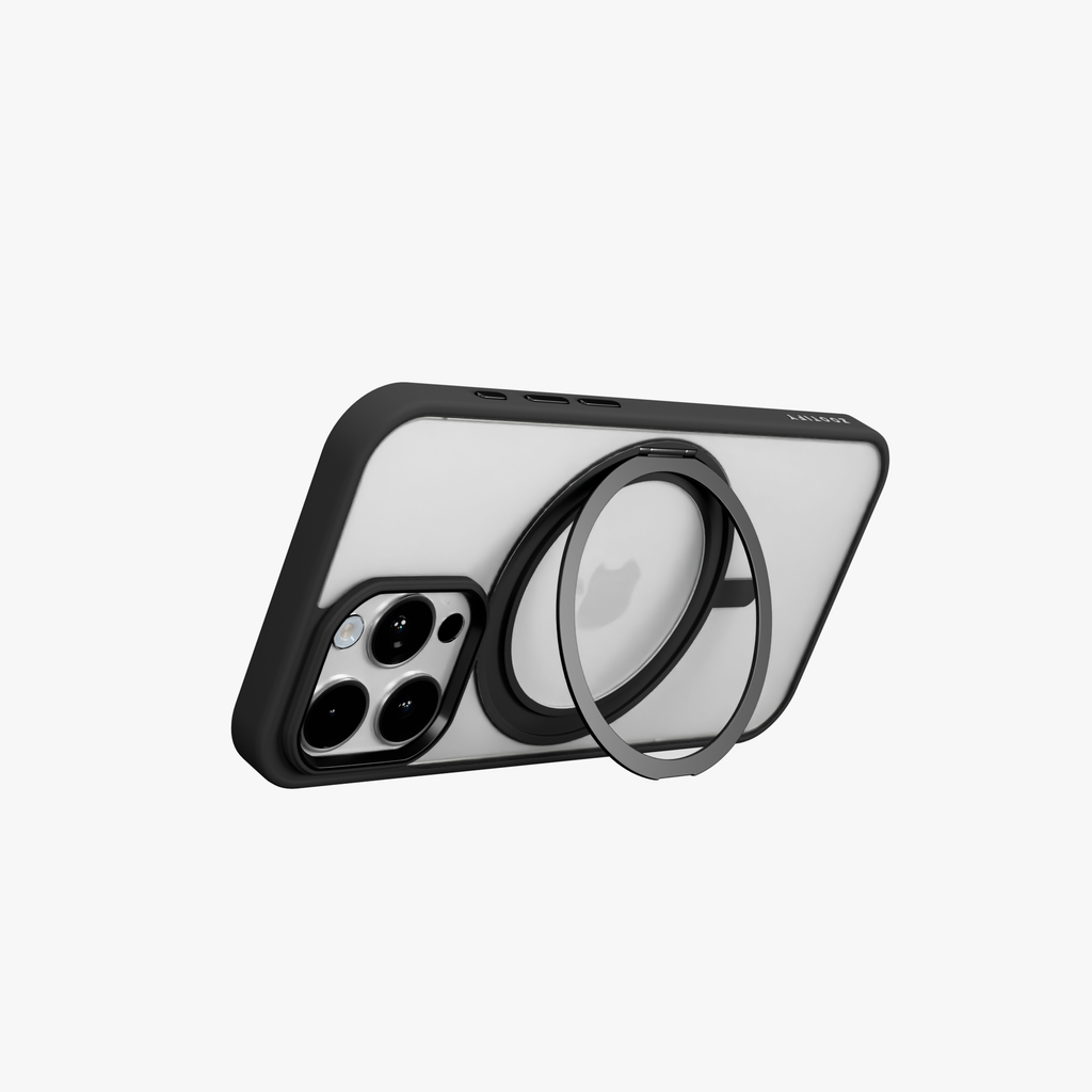 Orbit Grip –  Black 360° Tactile O-Stand Clear transparent Case for iPhone 15 pro