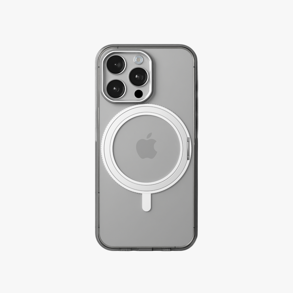 Orbit Grip –   Clear Silver 360° Tactile O-Stand Clear transparent Case for iPhone 15 pro