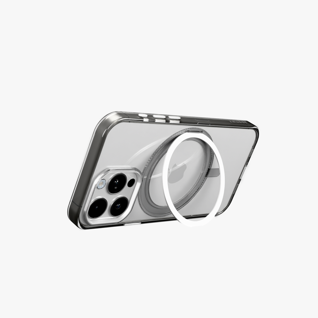 Orbit Grip –   Clear Silver 360° Tactile O-Stand Clear transparent Case for iPhone 15 pro