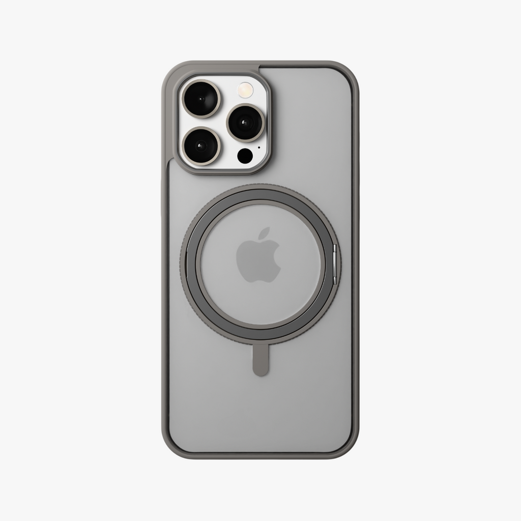 Orbit Grip – Grey 360° Tactile O-Stand Clear transparent Case for iPhone 15 pro max