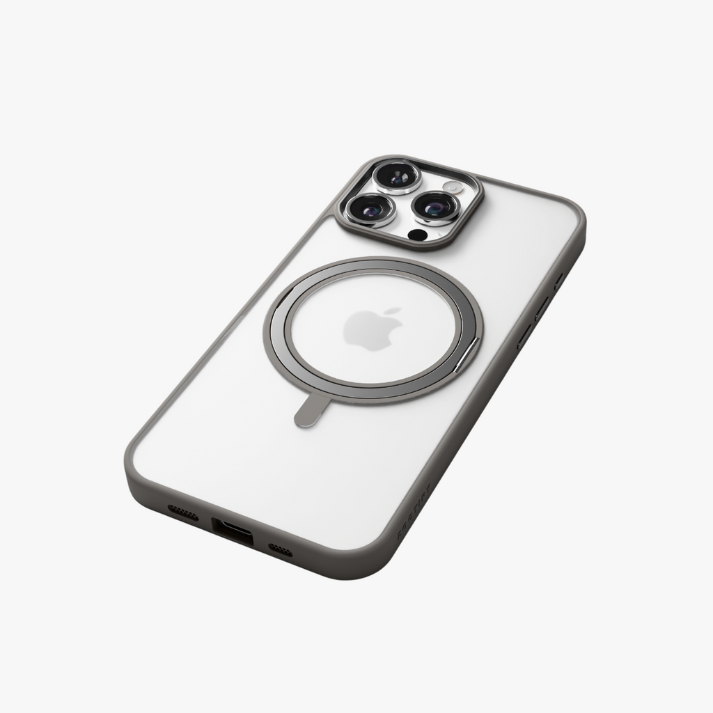 Orbit Grip – Grey 360° Tactile O-Stand Clear transparent Case for iPhone 16 pro max