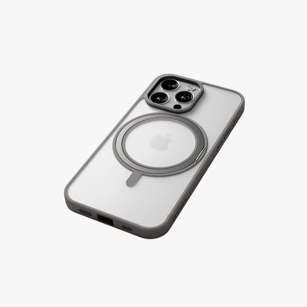 Orbit Grip –   Grey 360° Tactile O-Stand Clear transparent Case for iPhone 15 pro