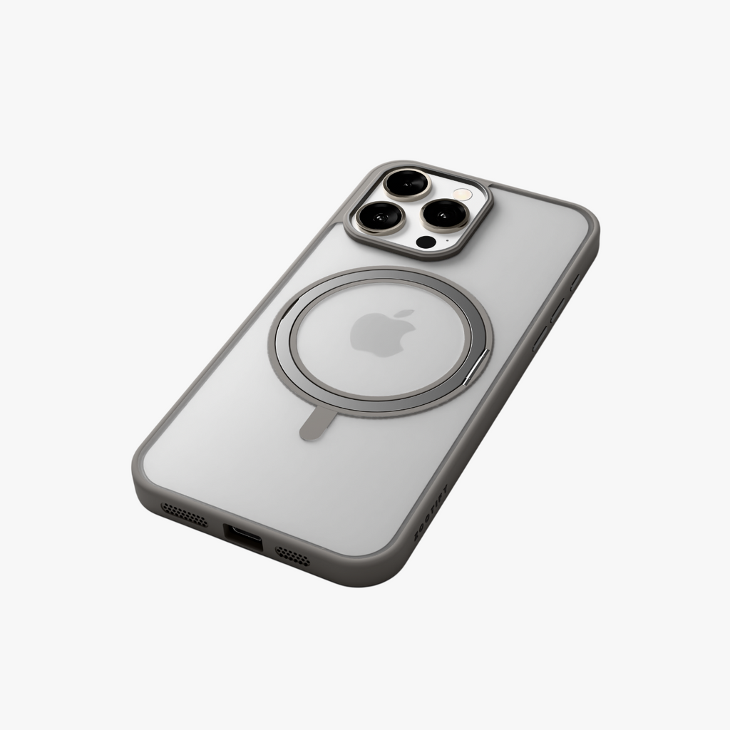 Orbit Grip – Grey 360° Tactile O-Stand Clear transparent Case for iPhone 15 pro max