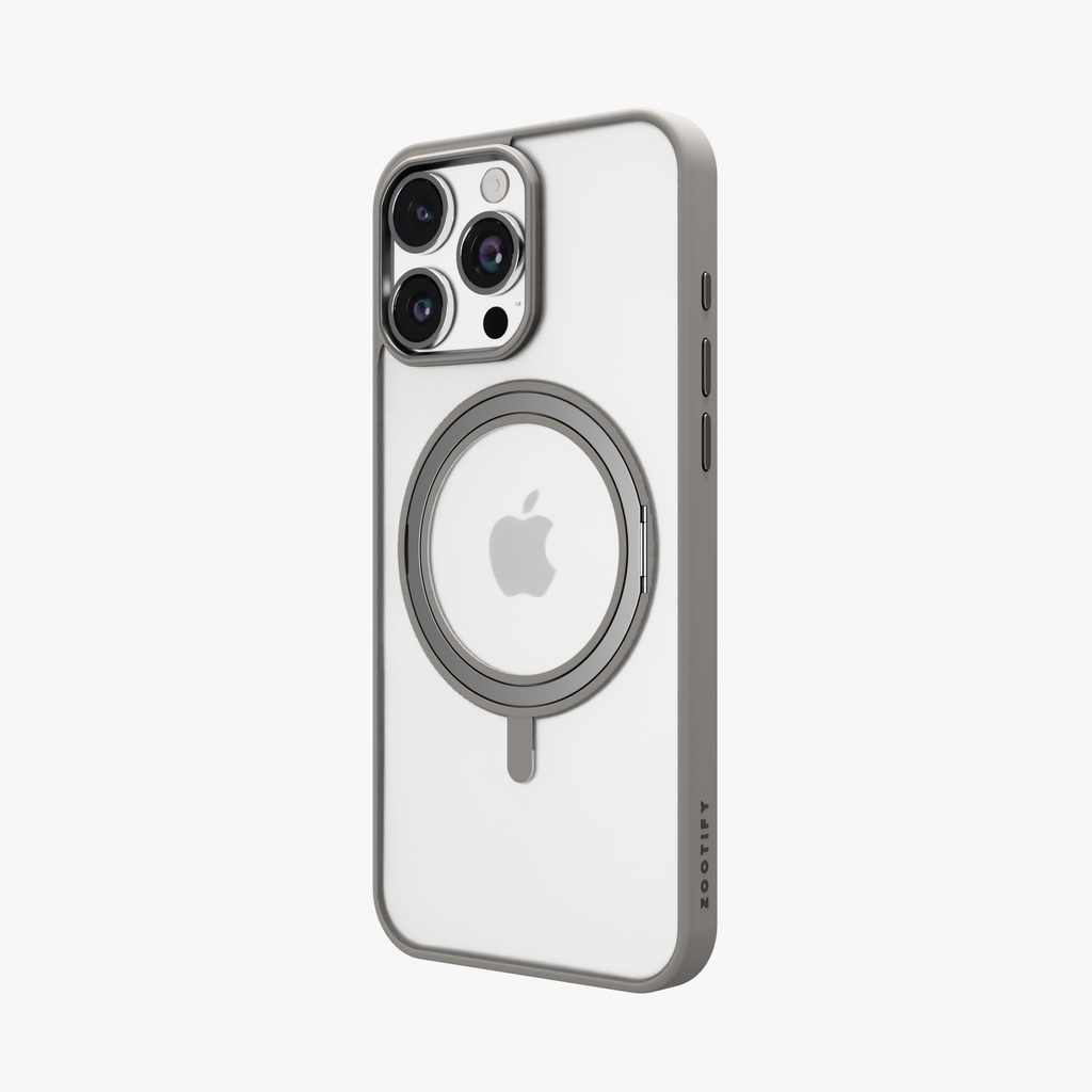 Orbit Grip – Grey 360° Tactile O-Stand Clear transparent Case for iPhone 16 pro max