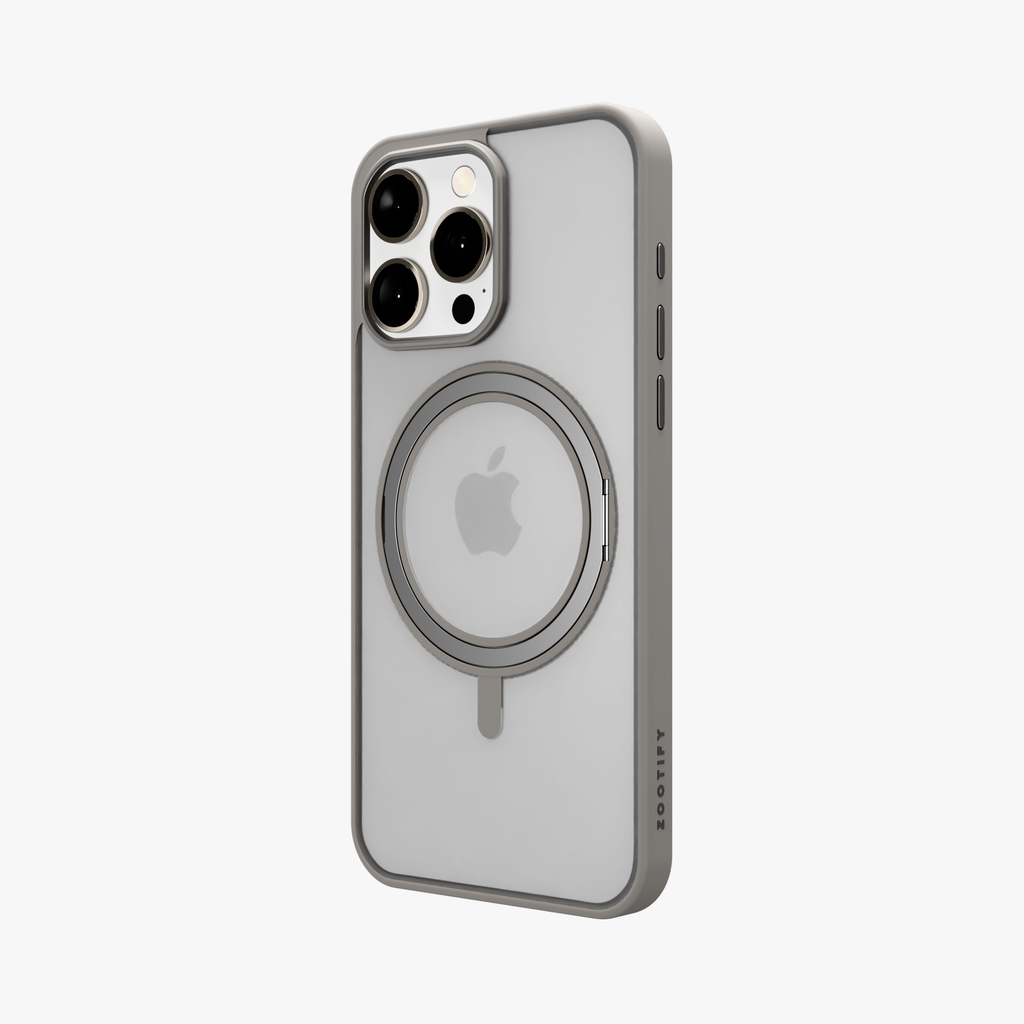 Orbit Grip – Grey 360° Tactile O-Stand Clear transparent Case for iPhone 15 pro max