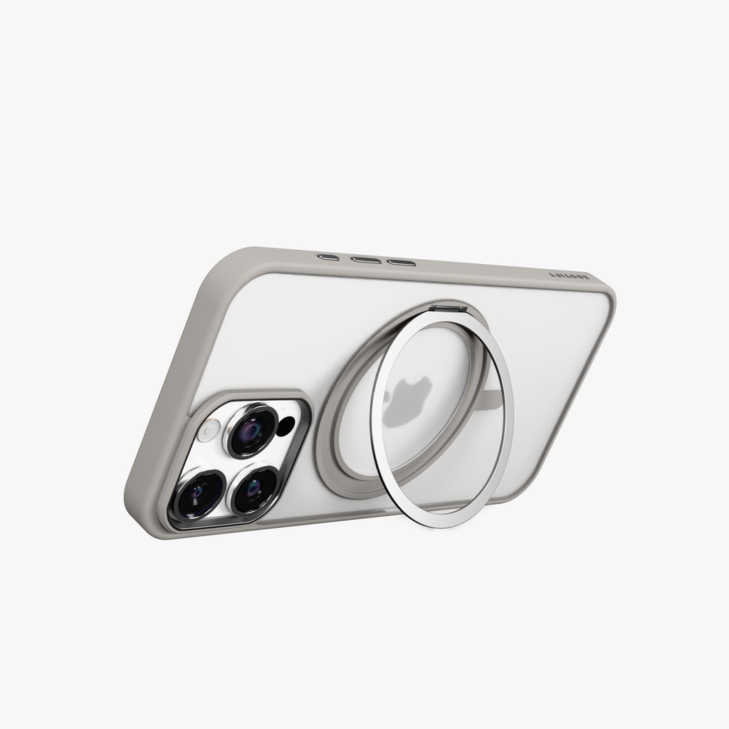 Orbit Grip – Grey 360° Tactile O-Stand Clear transparent Case for iPhone 16 pro max