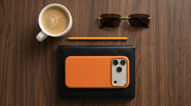 Primo – Orange Leather Premium MagSafe Case Cover for iPhone 17 pro mobile banner 1
