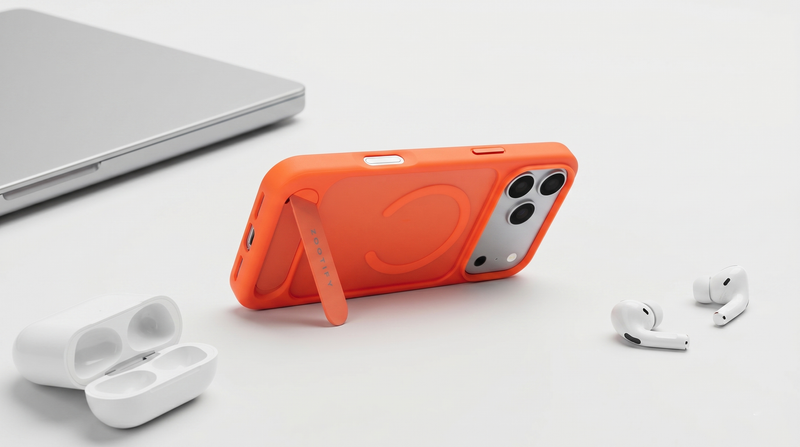 Frostand – Orange Frosted MagSafe Case Cover with Kickstand for iPhone 17 Pro Max mobile banner 2