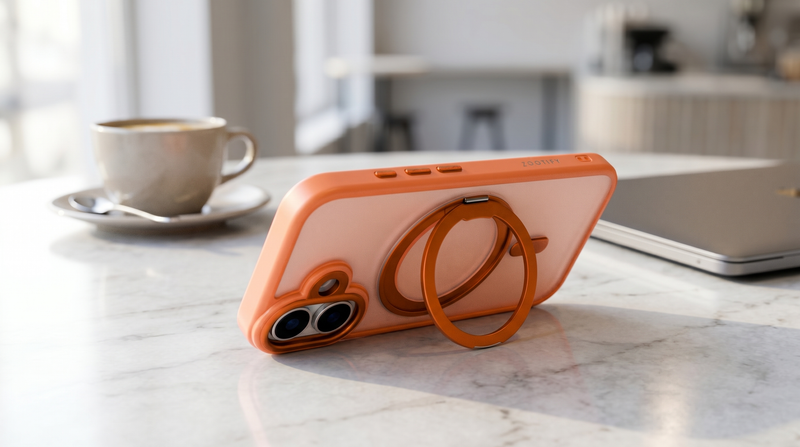 Orbit Grip – Orange O-Stand MagSafe case cover for iPhone 17 mobile banner 1