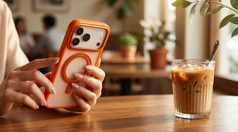 Orbit Grip – Orange O-Stand MagSafe case cover for iPhone 17 Pro Max mobile banner 2