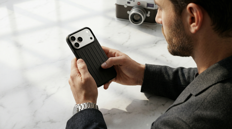Ridge  – Black Premium Modern Leather-texture MagSafe Case Cover for iPhone 17 Pro Max mobile banner 2